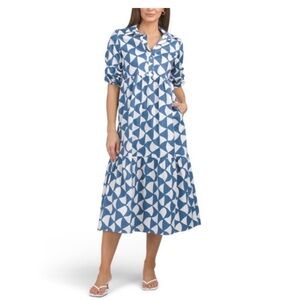 Rachel Zoe Blue Geometric Button-Front Midi Dress